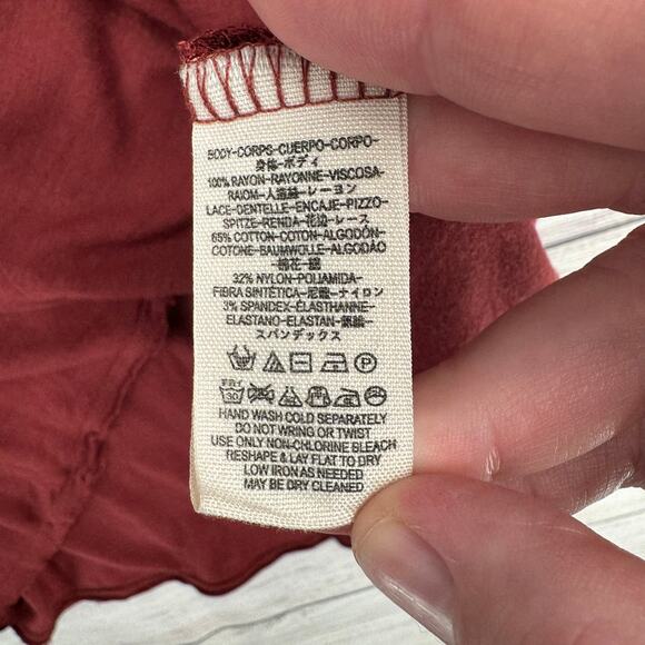 Free People Lace Trim Sleeveless V-Neck Blouse Womens Large Brown Red - Picture 9 of 12